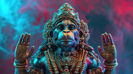 Lord Hanuman Set Against an Abstract Background, Commemorating the Hanuman Jayanti Festival of India and the Joyous Celebration of Dussehra - obrazy, fototapety, plakaty