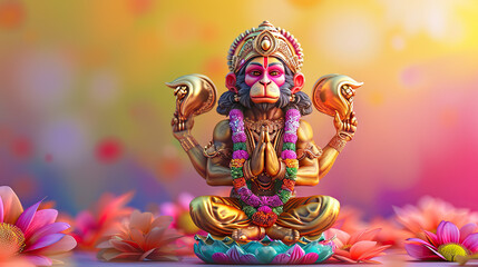 Lord Hanuman Set Against an Abstract Background, Commemorating the Hanuman Jayanti Festival of India and the Joyous Celebration of Dussehra - obrazy, fototapety, plakaty