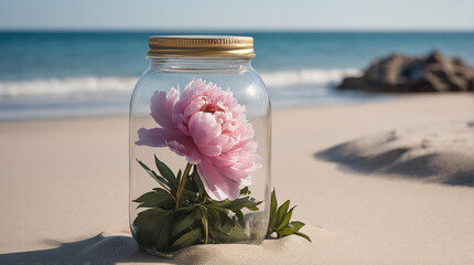 A Captivating Peony Jar Amidst Beach Serenity AI GENERATED