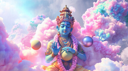 Hindu God Krishna with a Cloud Ball, Evoking a Sense of Mystical Beauty and Spiritual Depth - obrazy, fototapety, plakaty