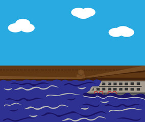 Obraz premium the ship sails along the river on the waves against the background of a brown granite embankment and a blue sky