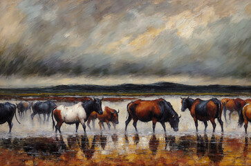 Fototapeta premium Rainy landscape with bulls at a watering hole. Three bulls are standing in the river. Illustration