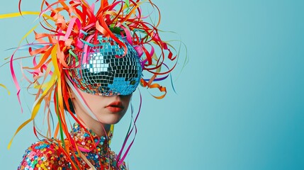 A woman with a disco ball and paper serpentine on her head on light blue background with copy-space