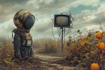 Dystopian world with abandoned robot, TV set and vegetable fields - obrazy, fototapety, plakaty