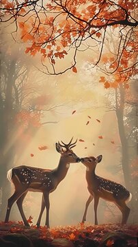 Generative AI image of A painting of a doe and a faun touching noses. Misty Autumnal backdrop, an Autumnal tree branch descending from the top of the picture