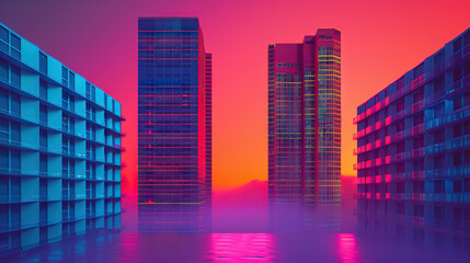 Nighttime Cityscape: An Artistic Rendering of Buildings at Night, Embracing VHS Aesthetics, Figurative Colorist Techniques, Outrun Style, Sheet Film Inspiration. - obrazy, fototapety, plakaty