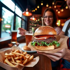 Generative AI image of Man holding a burger in his hands sitting in a restaurant, four women are looking at the man as he eats the burger and want this burger too