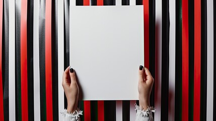 Conceptual pop-art mockup, blank paper with copy-space in hands on colorful stripy background