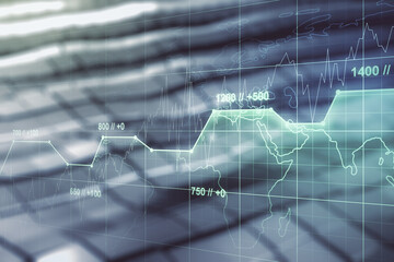 Multi exposure of creative statistics data hologram on blurry metal background, stats and analytics concept