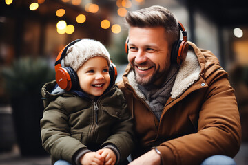 Joyful man and boy in headphones laugh on a city street decorated with lights and bokeh. Festive atmosphere of holidays. Concept of parent-child connection, family time.