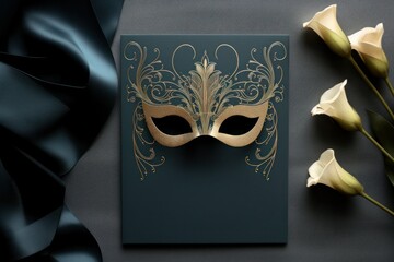 Elegant Golden Masquerade Mask Invitation with Black Satin and Calla Lilies Poster or Sign with Open Empty Copy Space for Text 
