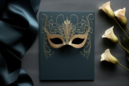 Elegant Golden Masquerade Mask Invitation with Black Satin and Calla Lilies Poster or Sign with Open Empty Copy Space for Text 

