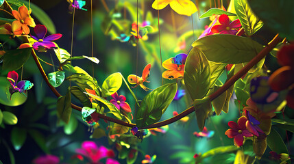 Jungle Joy: A Playful Scene in the Jungle, Where Animated Animals Swing from Vines Amidst Colorful Tropical Foliage, Creating a Vibrant and Lively Atmosphere.