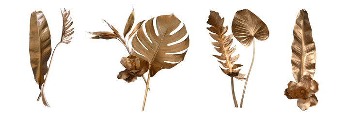 Tropical golden leaves on transparent background.(Monstera,palm,coconut) PNG
