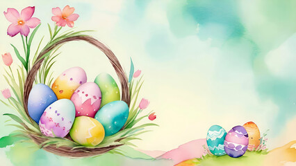Easter banner or greeting card with colorful decorated eggs in the basket and spring flowers, space for text.Watercolor watercolor brush style, pastel handmade technique aquarelle.AI generated