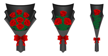 Bouquet of Roses vector set. black bouquet with ribbon bow and red blossom rose. vector illustration isolated on white background.