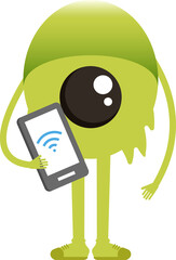 Cute Monster Character Holding Smartphone
