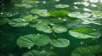 Close up of Transparent and clean white water and green leaf background sunlight reflection, top view