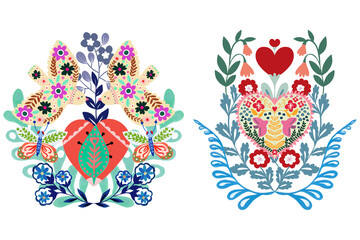 Set of symmetrical ornament with bird, insect, flowers and leaves with different folk compositions.