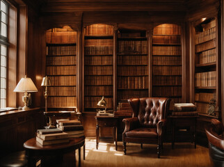 The Library rows full of ancient books. Legal References in a Law Firm - Powered by Adobe