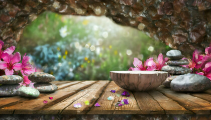 Empty space  in the cave with healing stones on bokeh background.