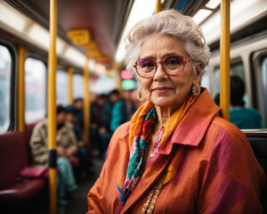 Happy fashionable senior woman in public transport.