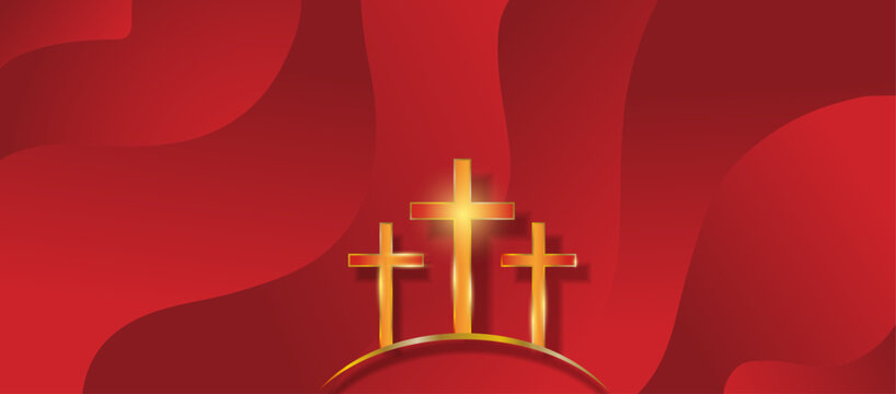 Three golden crucifix atop the hill on a red abstract background. Good Friday Holy week symbol background with text for space. Jesus Christ and three cross backdrop. Crucifixion of Jesus. Vector.