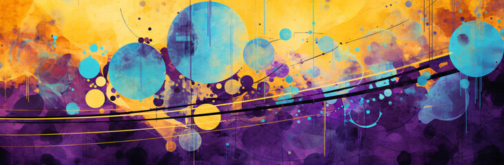 colored circular shapes in the style of canvas texture emphasis, vintage graphic design, bright backgrounds, luminous spheres, yellow and violet, light cyan and brown