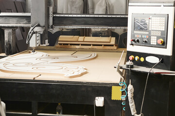 CNC milling machine. Machine tool in wood factory with drilling machines. - obrazy, fototapety, plakaty