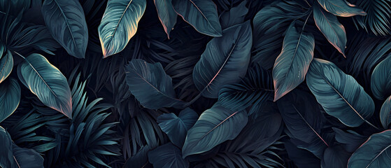 Abstract black leaf texture forms tropical leaf background.