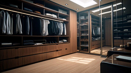 Modern luxury style warm wood walk in closet, minimal walk in wardrobe dressing room interior.