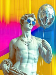 A dazzling festive burst in pop art style: an ancient statue of a god in mirror sunglasses with a...