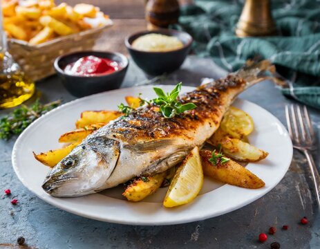 Fresh grilled sea bass served with fried potatoes in white plate 