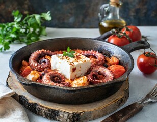 Traditional greek recipe made with octopus, feta cheese and boiled tomatoes cooked in a vintage pan for a mediterranean meal 