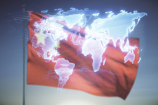 Multi exposure of abstract graphic world map hologram on flag of China and blue sky background, connection and communication concept