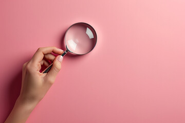 Woman hand holding magnifying glass, female searching product and womens health check concept - obrazy, fototapety, plakaty