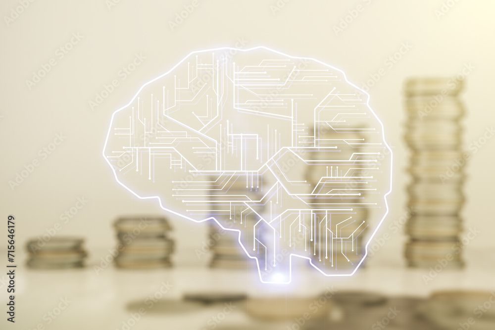 Poster Virtual creative artificial Intelligence hologram with human brain sketch on coins background. Double exposure