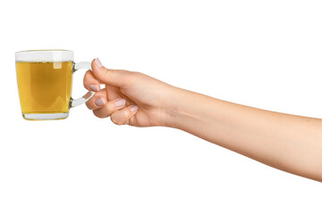 A woman's hand holds a cup of green herbal tea in a transparent glass cup. On a blank background