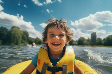 Portrait of a smiling child in a life jacket on an inflatable boat on a background of water. Safety of children on the water - Powered by Adobe
