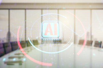 Double exposure of creative artificial Intelligence abbreviation hologram on a modern boardroom...