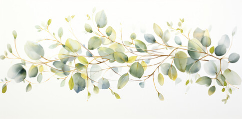 green watercolor foliage graphic, in the style of dark white and light gold, light brown and light aquamarine, nature-inspired installations, ephemeral