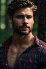 Obraz premium Man Standing in Woods Wearing Plaid Shirt. Generative AI.