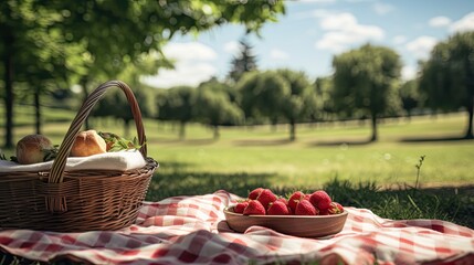picnic basket with strawberries in the park. Generative AI	 - obrazy, fototapety, plakaty