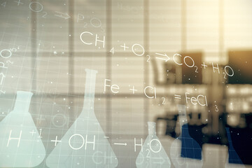 Abstract virtual chemistry illustration on a modern coworking room background, science and research...