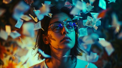 Woman Surrounded by Floating Abstract Symbols - obrazy, fototapety, plakaty