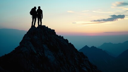 Silhouette of Couple on Mountain Summit - obrazy, fototapety, plakaty