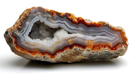 Agate showcasing its intricate patterns and earthy tones, elegantly displayed on a white background
