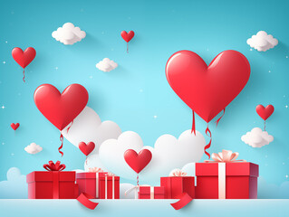 Gift boxes and heart ballon with blue background.