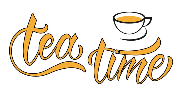 Tea time quote. Hand drawn vector logotype with lettering typography  on white background. Illustration with slogan for print, banner, flyer, poster, sticker