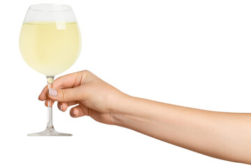 A woman's hand holds. Glass of white wine. On a blank background